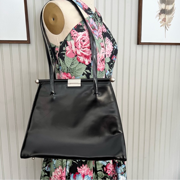 Adriana Caras Genuine Italian Leather Frame Bag Large Black with Dustbag